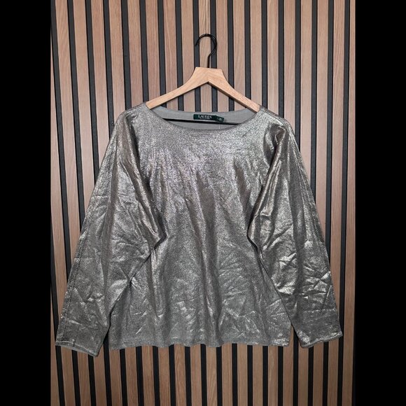New Lauren Ralph Lauren Sweater Large Womens Gray Metallic Dolman Sleeve Modal